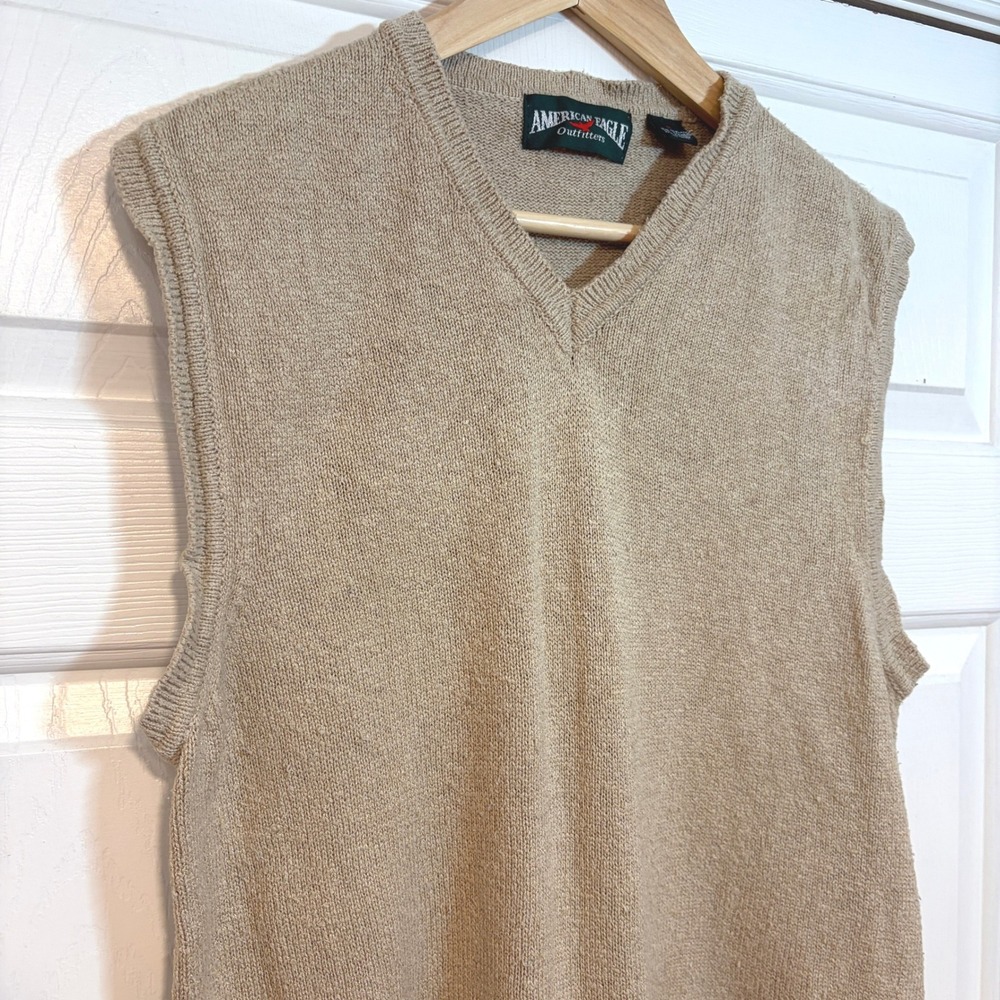 90s American Eagle Men Silk Cotton V-Neck Knit Sweater Vest Tan M Preppy Vintage